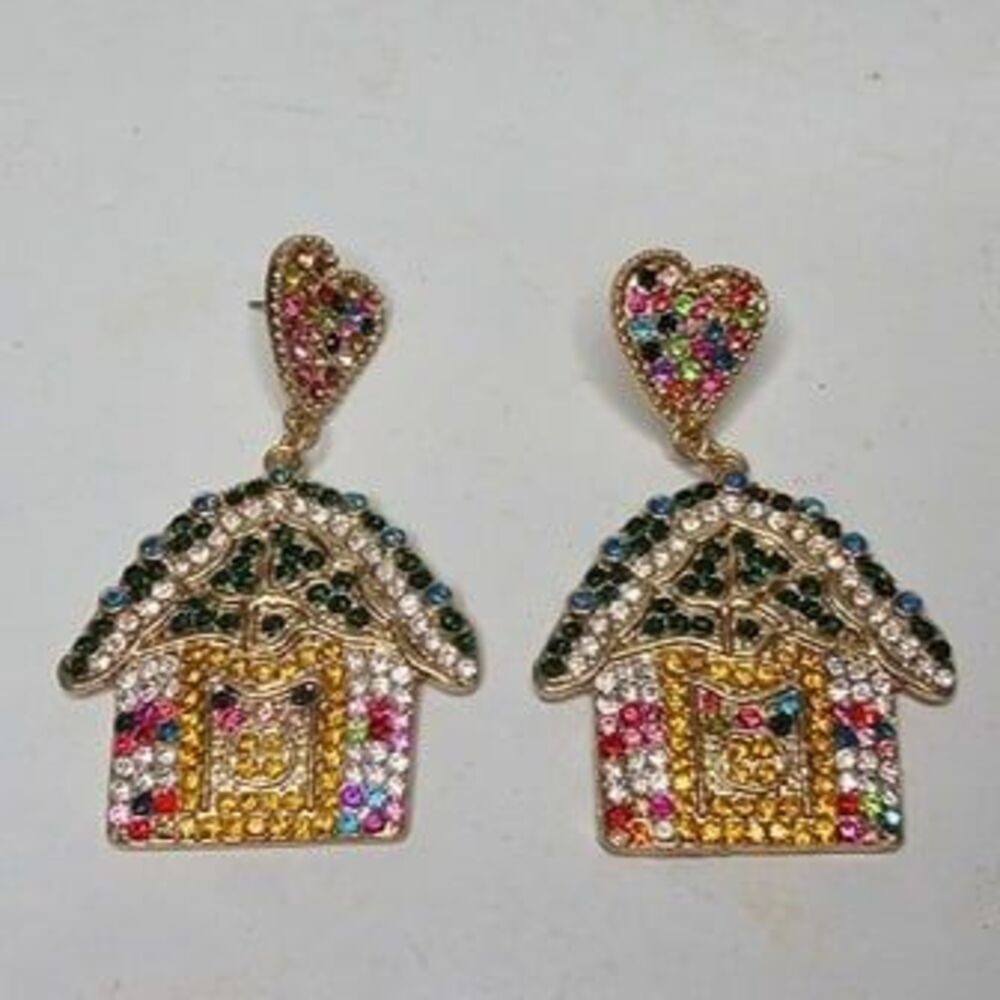 Adorable Gingerbread House Heart Crystal-Embellished Drop Earrings
